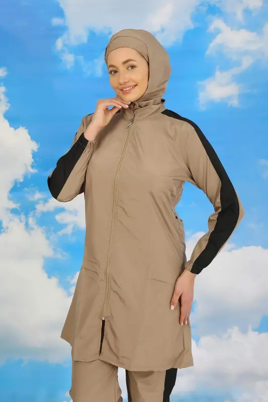 Women's Full-coverage Swimsuit with Pant, Arm Stripe, Beige 31066 - 1