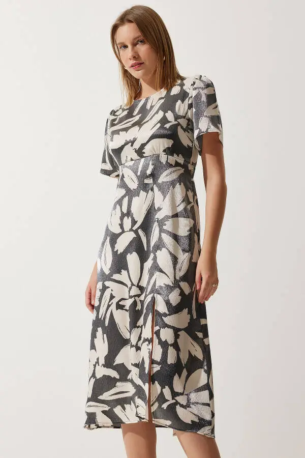 Women's Fume Cream Patterned Satin Surface Slit Summer Dress CR00430 - 2