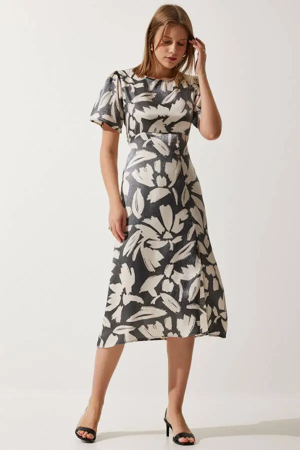 Women's Fume Cream Patterned Satin Surface Slit Summer Dress CR00430 - 3
