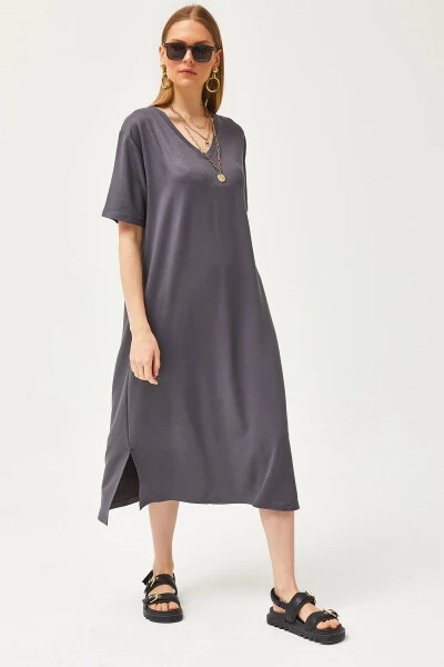 Women's Fume V-Neck Side Slit Soft Fabric Dress ELB-19002063 - OLALOOK