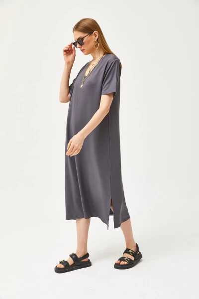 Women's Fume V-Neck Side Slit Soft Fabric Dress ELB-19002063 - OLALOOK (1)