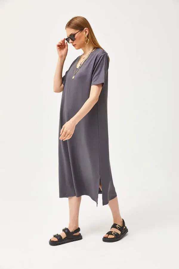 Women's Fume V-Neck Side Slit Soft Fabric Dress ELB-19002063 - 2
