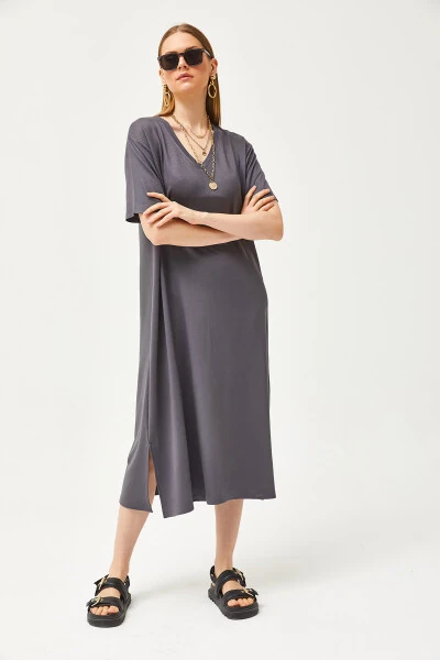 Women's Fume V-Neck Side Slit Soft Fabric Dress ELB-19002063 - 3