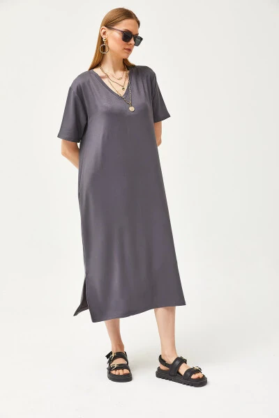 Women's Fume V-Neck Side Slit Soft Fabric Dress ELB-19002063 - 4