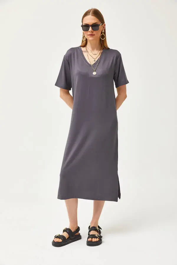 Women's Fume V-Neck Side Slit Soft Fabric Dress ELB-19002063 - 5