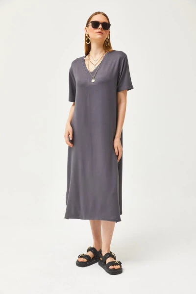 Women's Fume V-Neck Side Slit Soft Fabric Dress ELB-19002063 - 6