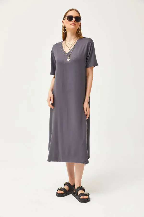 Women's Fume V-Neck Side Slit Soft Fabric Dress ELB-19002063 - 6