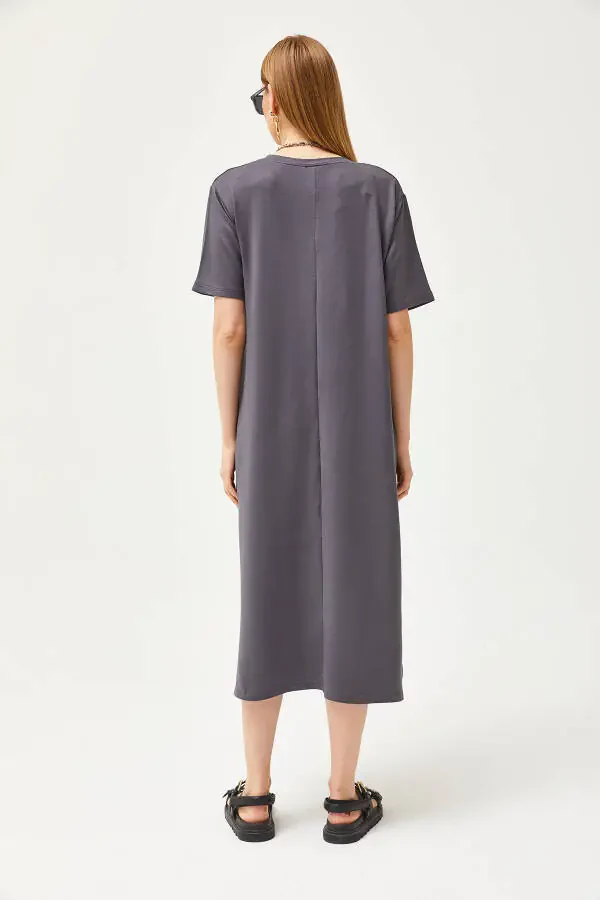 Women's Fume V-Neck Side Slit Soft Fabric Dress ELB-19002063 - 7