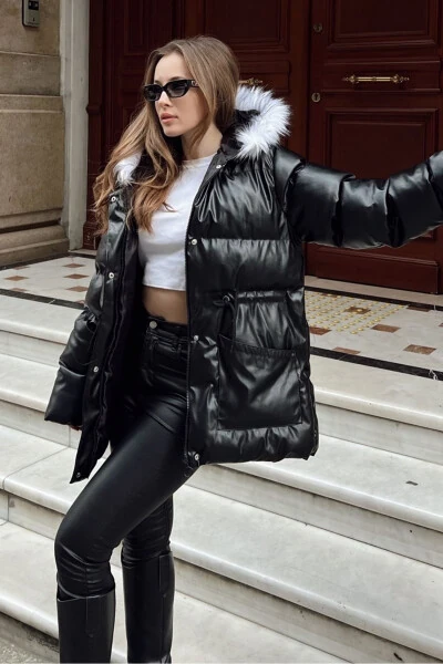 Women's Fur-Lined Hooded Puffer Leather Jacket - Bianco Lucci (1)