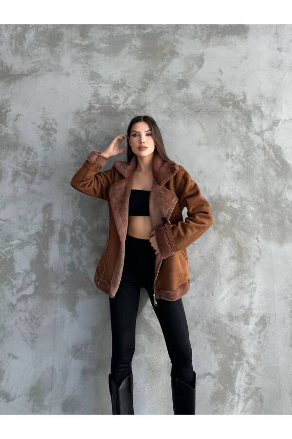 Women's Fur Lined Nubuck Suede Jacket with Fleece Pockets in Brown 124 - 2