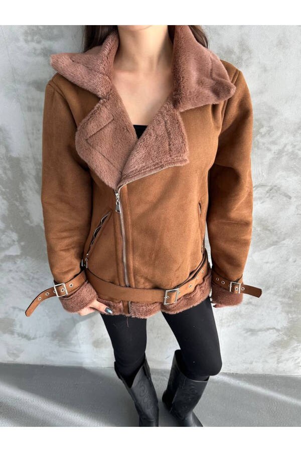 Women's Fur Lined Nubuck Suede Jacket with Fleece Pockets in Brown 124 - 7