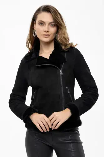 Women's genuine leather biker jacket with purple black zipper and lamb fur detail. - 1