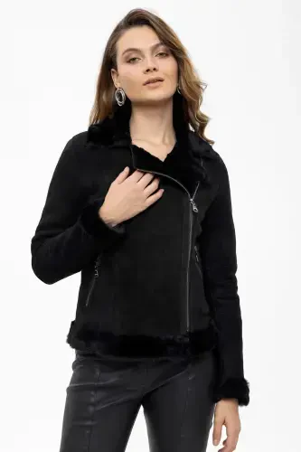 Women's genuine leather biker jacket with purple black zipper and lamb fur detail. - DERIDERIM (1)