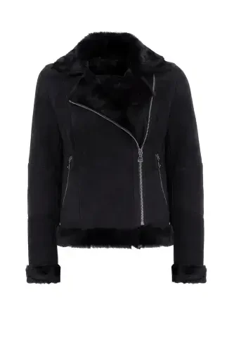Women's genuine leather biker jacket with purple black zipper and lamb fur detail. - 6