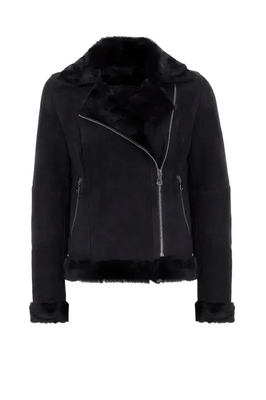 Women's genuine leather biker jacket with purple black zipper and lamb fur detail. - 6