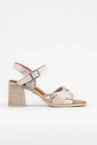 Women's Genuine Leather Heeled Sandals, Wooden Heeled Sandals-beige gold - 3