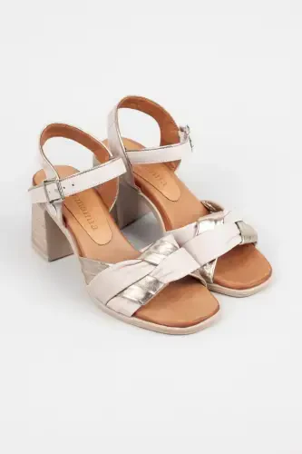 Women's Genuine Leather Heeled Sandals, Wooden Heeled Sandals-beige gold - 4