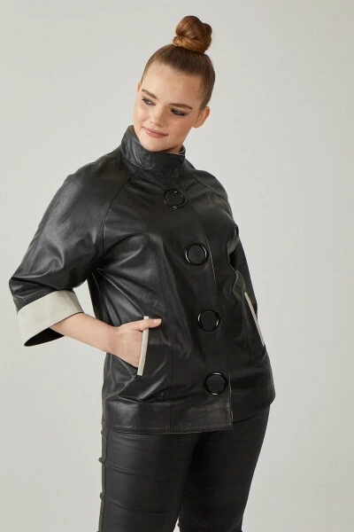 Women's genuine leather jacket, black color, beige lining, snap closure, Truvakar sleeve, wide cut. - DERIDERIM