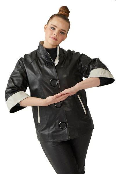 Women's genuine leather jacket, black color, beige lining, snap closure, Truvakar sleeve, wide cut. - DERIDERIM (1)