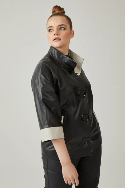 Women's genuine leather jacket, black color, beige lining, snap closure, Truvakar sleeve, wide cut. - 3