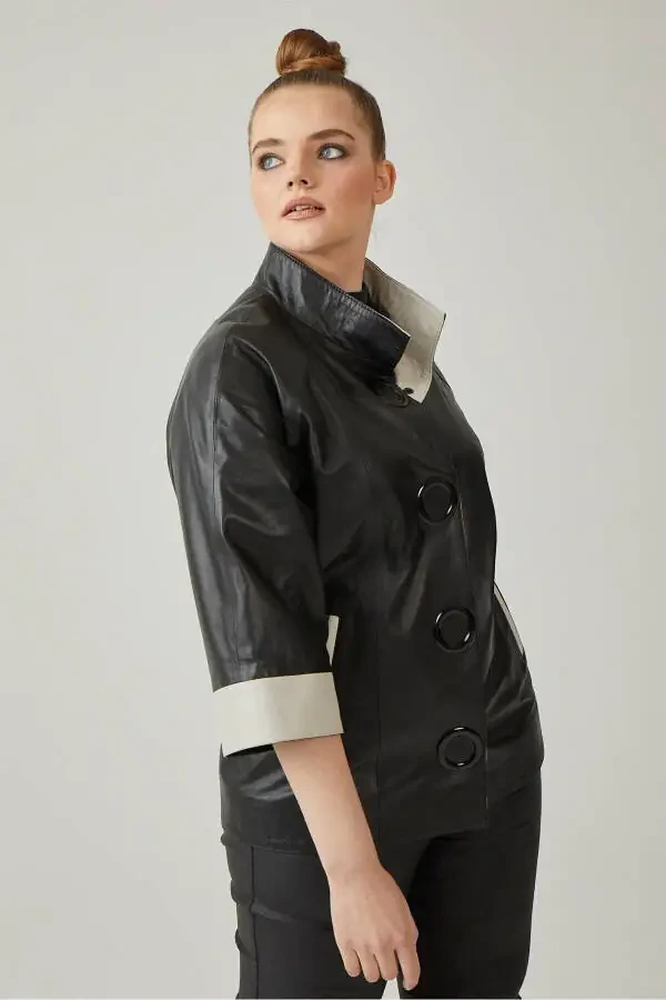 Women's genuine leather jacket, black color, beige lining, snap closure, Truvakar sleeve, wide cut. - 3