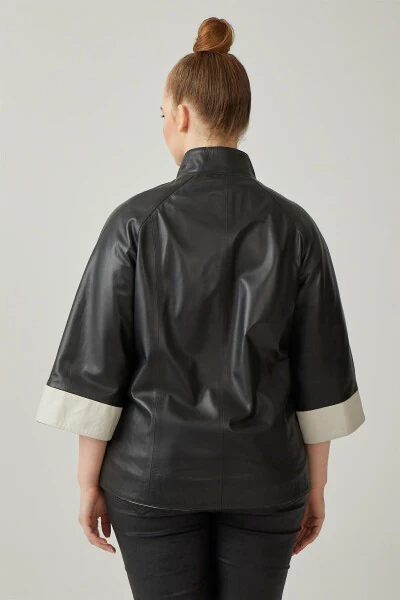 Women's genuine leather jacket, black color, beige lining, snap closure, Truvakar sleeve, wide cut. - 4