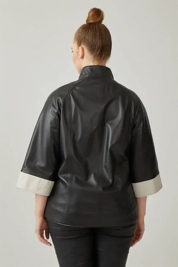 Women's genuine leather jacket, black color, beige lining, snap closure, Truvakar sleeve, wide cut. - 4