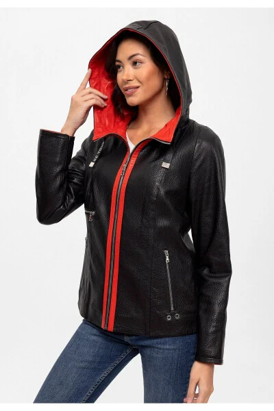 Women's genuine leather jacket, black, zippered, wide cut. - DERIDERIM