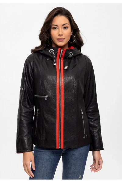 Women's genuine leather jacket, black, zippered, wide cut. - DERIDERIM (1)