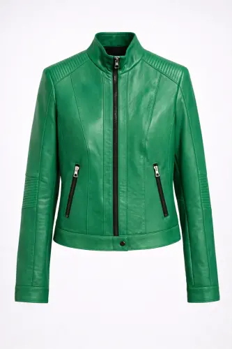 Women's genuine leather jacket, slim fit, green Sharon zippered, lined, stitching on the shoulder and sleeve. - 2