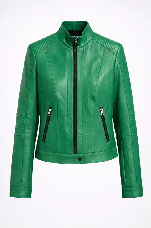 Women's genuine leather jacket, slim fit, green Sharon zippered, lined, stitching on the shoulder and sleeve. - 2