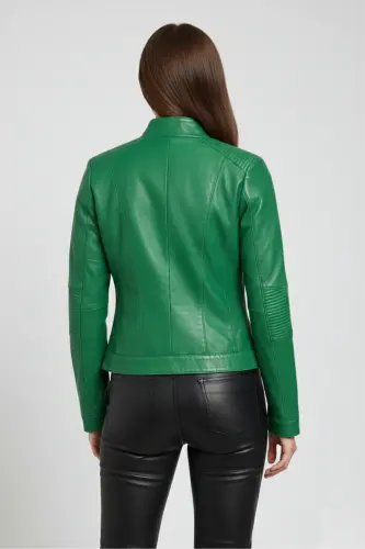 Women's genuine leather jacket, slim fit, green Sharon zippered, lined, stitching on the shoulder and sleeve. - 3