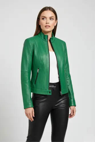 Women's genuine leather jacket, slim fit, green Sharon zippered, lined, stitching on the shoulder and sleeve. - 4