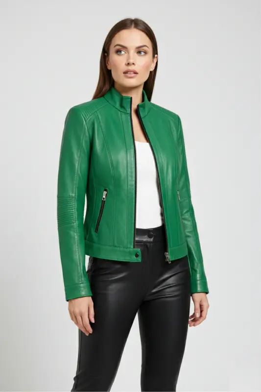 Women's genuine leather jacket, slim fit, green Sharon zippered, lined, stitching on the shoulder and sleeve. - 4
