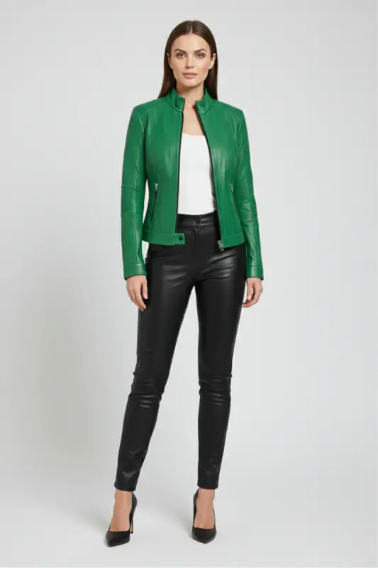 Women's genuine leather jacket, slim fit, green Sharon zippered, lined, stitching on the shoulder and sleeve. - 5