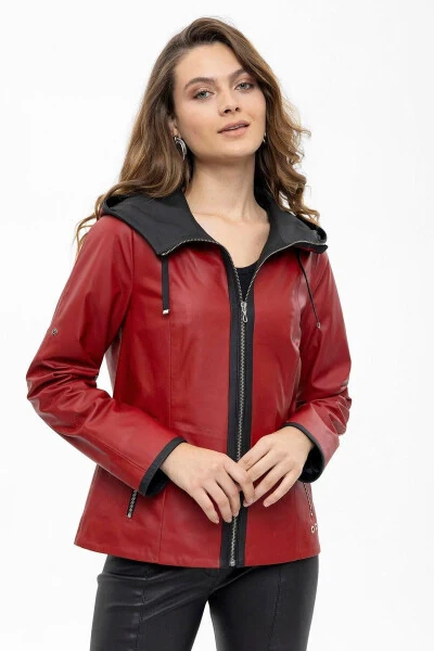 Women's genuine leather jacket, wide cut, red Marc zipper. - DERIDERIM