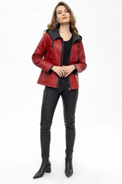 Women's genuine leather jacket, wide cut, red Marc zipper. - DERIDERIM (1)
