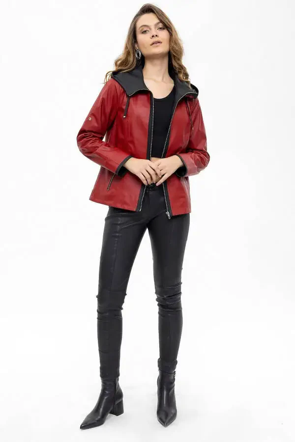 Women's genuine leather jacket, wide cut, red Marc zipper. - 2