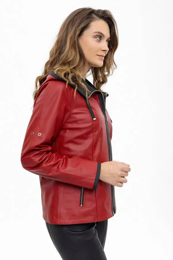 Women's genuine leather jacket, wide cut, red Marc zipper. - 3