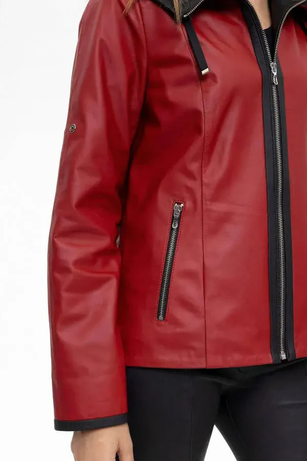 Women's genuine leather jacket, wide cut, red Marc zipper. - 4