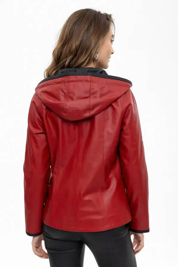 Women's genuine leather jacket, wide cut, red Marc zipper. - 6