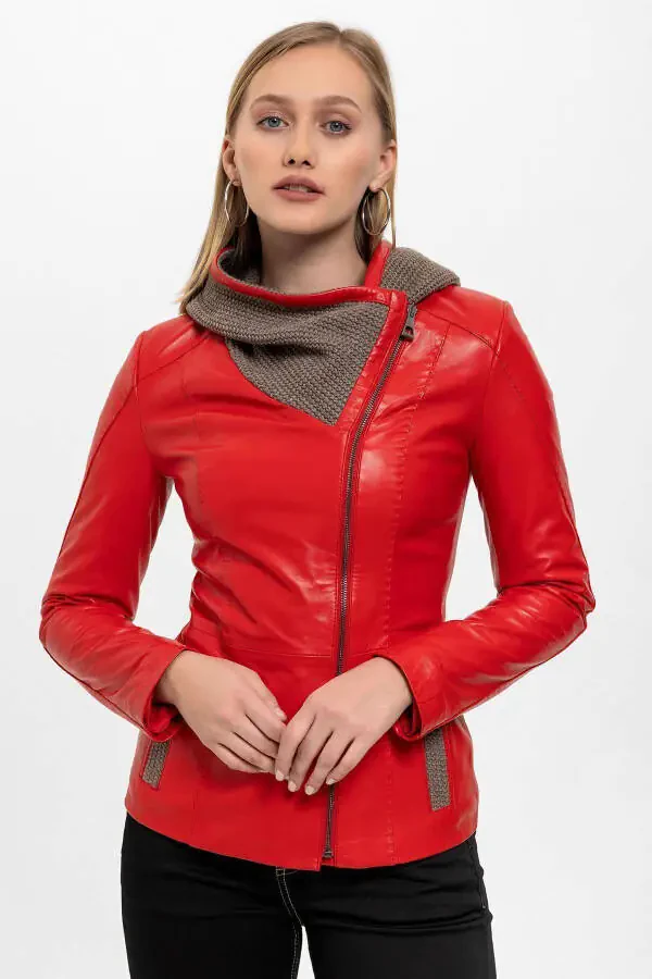 Women's genuine leather jacket with red Antonia knitted hood. - 1