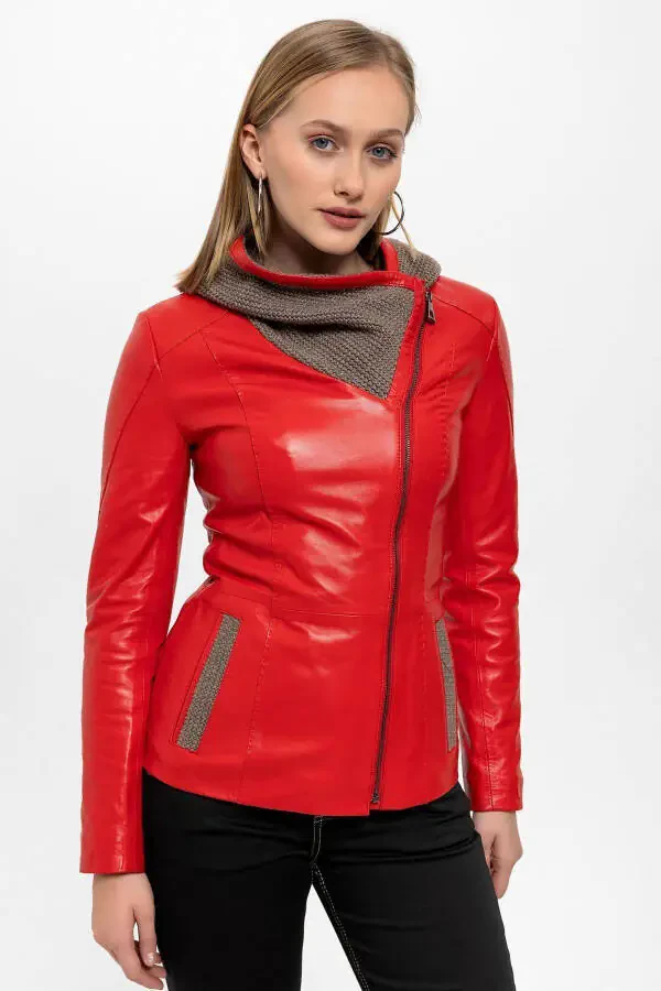 Women's genuine leather jacket with red Antonia knitted hood. - 2