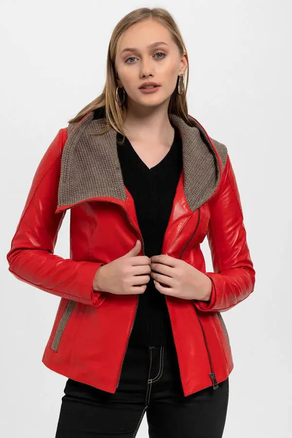 Women's genuine leather jacket with red Antonia knitted hood. - 3