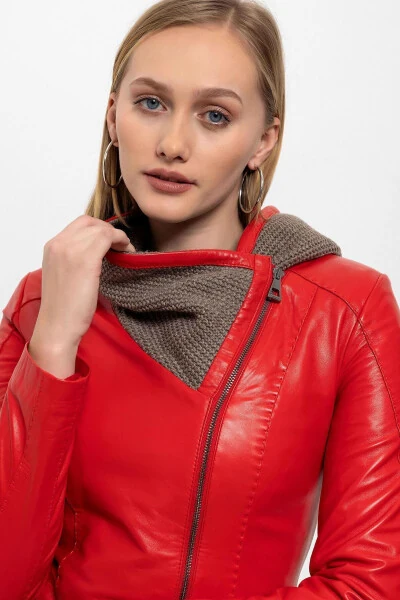 Women's genuine leather jacket with red Antonia knitted hood. - 4