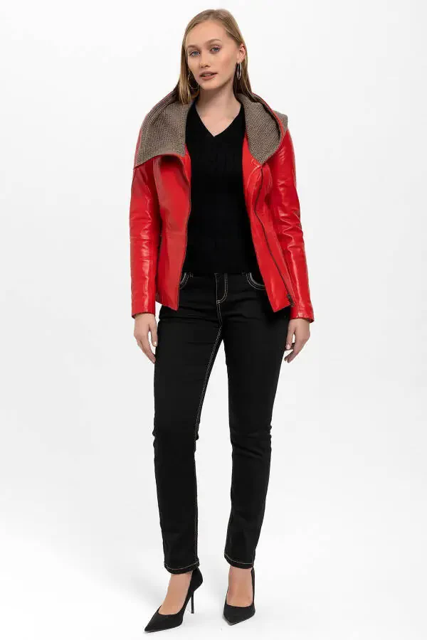 Women's genuine leather jacket with red Antonia knitted hood. - 5