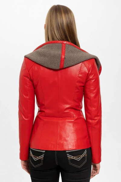 Women's genuine leather jacket with red Antonia knitted hood. - 6
