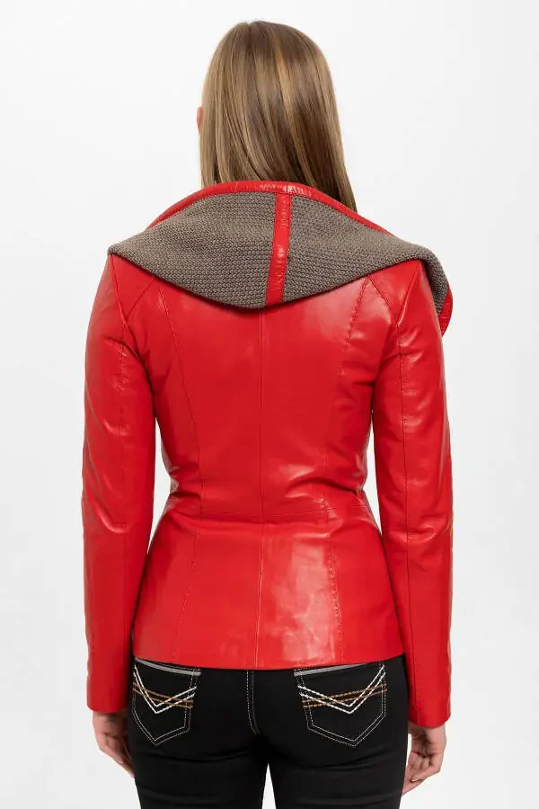 Women's genuine leather jacket with red Antonia knitted hood. - 6