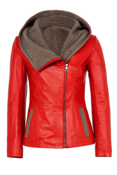 Women's genuine leather jacket with red Antonia knitted hood. - 7