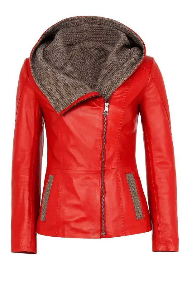 Women's genuine leather jacket with red Antonia knitted hood. - 7